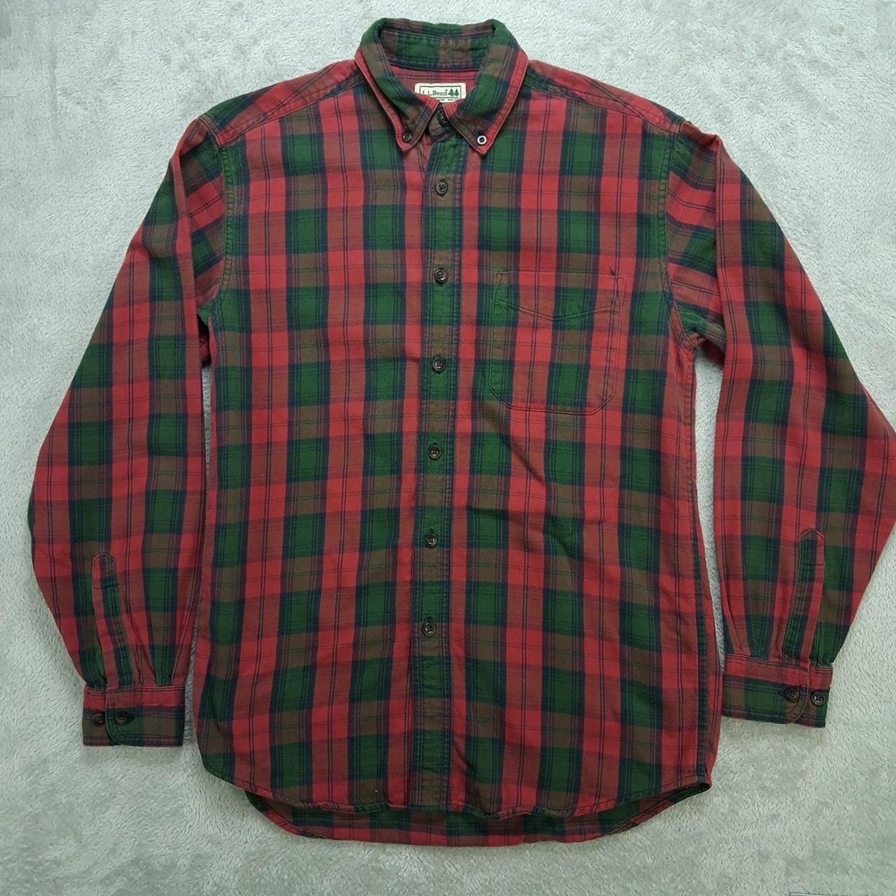LL Bean Mens Small Regular Red Green Plaid Flannel Shirt 100% Cotton Long Sleeve